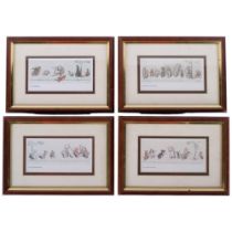 A group of 4 framed caricature prints, various whimsical dog scenes, 2 similar table-top glass