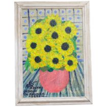 Royston Du Maurier, acrylics on canvas, sunflowers in a vase, in painted wood frame, 57cm x 41cm