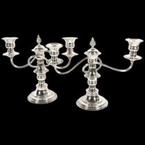 A pair of silver plate on copper 3-branch table candelabras, with snuffer, H23cm