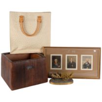 A Chinese elm jardiniere, a framed set of 3 19th century engravings - portrait studies, a brass
