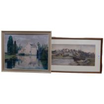 J Cooke (1895), watercolour, buildings and boat, and 3 framed oil paintings, including gilt-framed