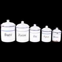 A graduated set of 5 vintage French enamel kitchen storage jars and covers. H - 18cm. (5).