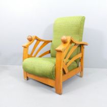 A 1940s Art Deco reclining lounge chair, with sun-burst arms and ball hand rests. Overall