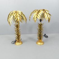 A pair of contemporary Hollywood Regency style palm leaf design table lamps and shades, Height 74cm.