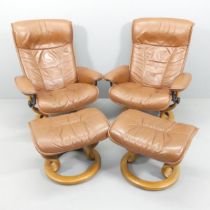 EKORNES - A pair of vintage brown leather upholstered stressless reclining swivel lounge chairs,