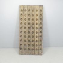A vintage French oak Champaign riddling / bottle rack. 72x150cm. Space for 60 bottles.