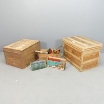 Two similar Japanese lidded tea chests, largest 68x49x44cm, and a Japanese model temple kit. (3)