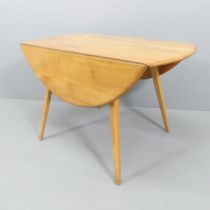 ERCOL - A mid-century Windsor bow-end drop leaf dining table. 113x73x61cm