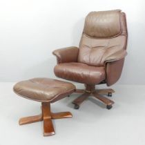 SKOGHAUG INDUSTRI - A mid-century Norwegian brown-leather upholstered reclining swivel lounge chair,