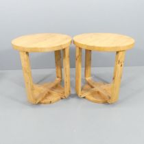 A pair of Art Deco style walnut veneered circular side / lamp tables. 59x65cm. Some use related