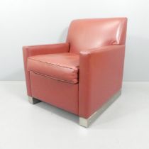 A French leather lounge club chair with steel base. Overall 70x79x75cm, seat 51x47x46cm. Generally