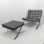 A black leather Barcelona lounge chair in the manner of Mies Van der Rohe, with matching footstool.