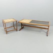 G-PLAN - a mid-century tile-top teak coffee table with inset smoked glass panel, 121x45x50cm, and