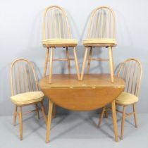 A mid-century elm drop-leaf dining table, 111x73x64cm (extending to 125cm), with four matching