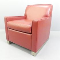 A French leather lounge club chair with steel base. Overall 70x79x75cm, seat 51x47x46cm. WITH THE