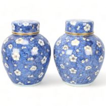 Pair of Chinese blue and white porcelain jars and covers, with gilded decoration, height 25cm Good