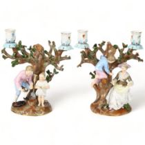 Pair of 19th century porcelain twin-branch candelabra, decorated with country figures collecting