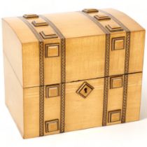 A Victorian satinwood stationery box, with parquetry inlaid Greek Key bands and raised square