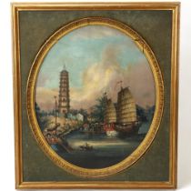 19th century Chinese School, Whampo Anchorage, oil on wood panel, giltwood frame with velvet