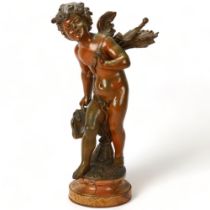 19th century patinated spelter figure of cherub after Moreau, on coloured marble base, height 47cm