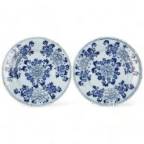 Pair of Delft pottery plates with painted decoration, diameter 26.5cm Both plates have chipped