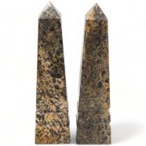 A pair of cut and polished stone Library obelisks', height 30cm Good condition, one obelisk has a