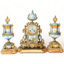 A French 19th century gilt-metal and porcelain 3-piece clock garniture, the clock having a painted