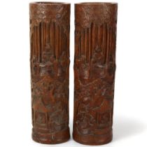 A pair or large late 19th/early 20th century Chinese relief carved bamboo brush pots, height 37cm