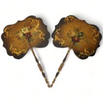 A pair of mid 19th century papier-mache Hand Screens, with hand painted floral spary decoration, and