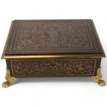 19th century rosewood and brass inlaid rectangular box, the hinged lid decorated with a soldier