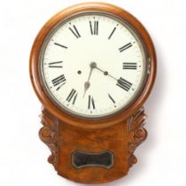 19th century 8-day drop-dial wall clock, carved walnut case with painted dial, height 54cm Several