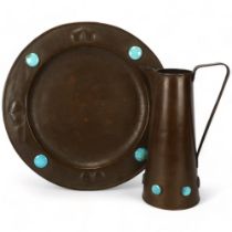 An Arts and Crafts copper jug and tray, with Ruskin turquoise ceramic discs, maker's mark to base,