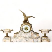 A French marble and bronze 3-piece clock garniture, circa 1900, surmounted by a bronze eagle, enamel