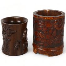 A Chinese hardwood brush pot with bee and blossom carving, together with a bamboo carved brush pot