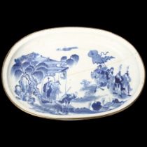 19th century Chinese porcelain oval dish with painted figures, 4-character mark, 29cm x 20cm, A/F