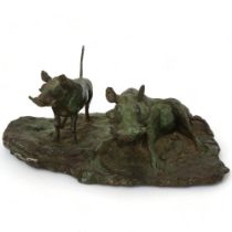 Terry Matthews, 2 warthogs, verdigris patinated bronze, signed and dated 1975, width 30cm Good