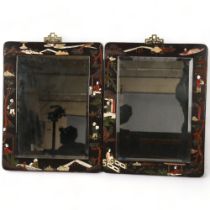 Pair of Chinese lacquer framed wall mirrors, with applied carved hardstone and bone decoration, 46cm