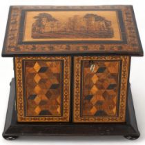 19th century Tunbridge Ware coromandel table-top cabinet, depicting Battle Abbey, with cube