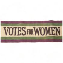 An early 20th century "Votes for Women" Suffragette sash, in woven purple, green and white fabric,