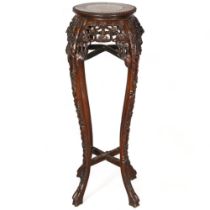 A tall Chinese antique marble topped padouk jardiniere stand, with blossom carved decoration, height