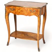 A continental kingwood 2 tier occasional table, with ormolu mounts and single drawer, height 65cm,