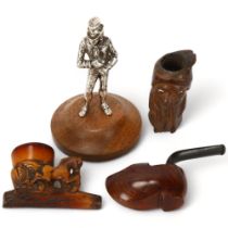 A Victorian electroplate figure of a shoe shine man, height 11.5cm, and 3 novelty carved wood