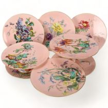 19th century porcelain dessert service, hand coloured transfer garden flowers, comprising 3 tazza