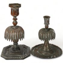 2 Antique Persian Qajar candlesticks, plated copper with fountain detail, tallest 21cm Silver