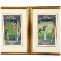 Pair of Mughal hunting scenes, watercolour on paper, probably mid-20th century, image 24cm x 13cm,