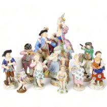 A collection of 19th century Continental porcelain figures, mainly Meissen, largest figure height