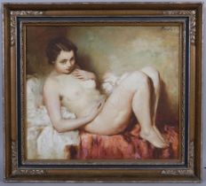 Jan Rusňák Podol (Czech, 1911 - 2001), female nude, oil on canvas, indistinctly signed, 65cm x 76cm,