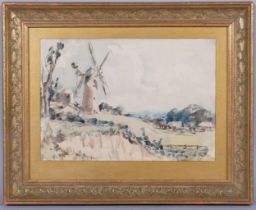 Landscape view towards a windmill, early to mid-20th century watercolour, unsigned, 24cm x 35cm,