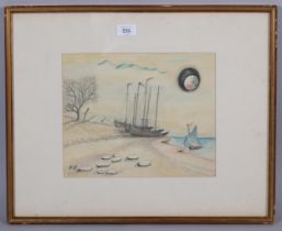 Surrealist composition, beached fishing boats, watercolour/pencil on paper, signed with monogram FR,