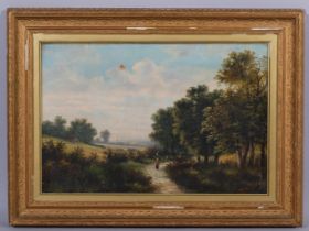 Louis Bates, figure in landscape, 19th century oil on canvas, signed, 41cm x 61cm, framed Hole in